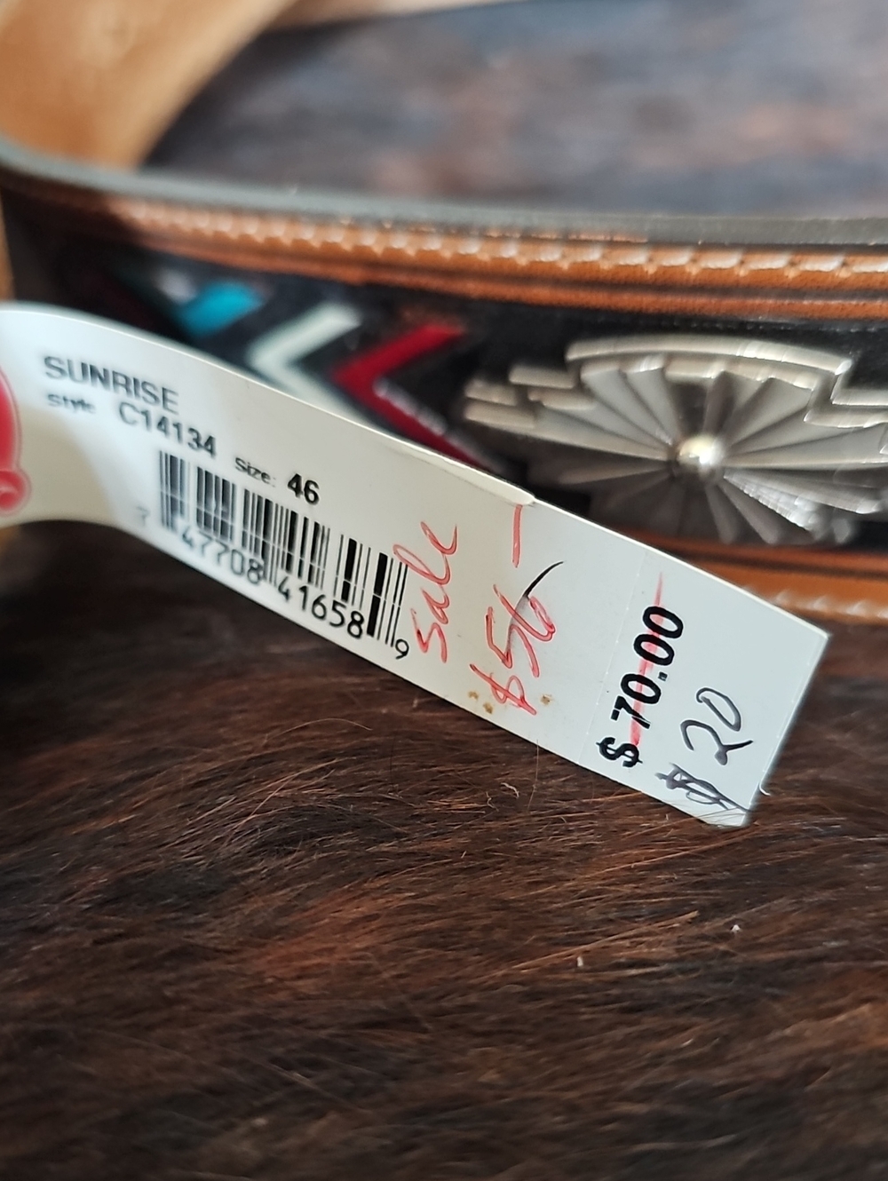 Justin Boots Tan Tooled Leather Belt with Turquoise & Red Accents - Picture 3 of 3